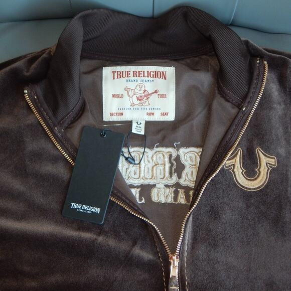 NWT True Religion Velvet Embellished Track Jacket Zip Up Brown Gold Men XXXL - Picture 11 of 11
